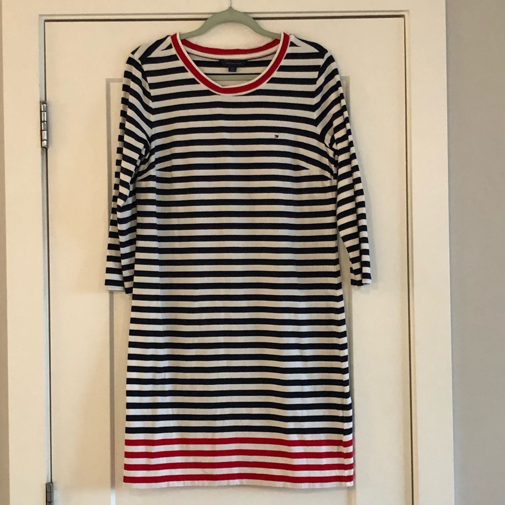 Tommy Hilfiger Preppy Quiet Luxury Striped Shirt Dress Stretchy Cotton Lg